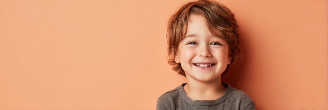 Happy young boy with curly hair smiling against a warm orange background in a cheerful setting. Copy space - Powered by Adobe