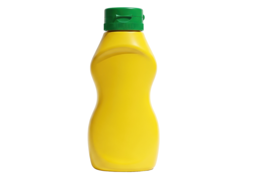Isolated bottle of yellow mustard with green cap, squeeze condiment for flavoring foods