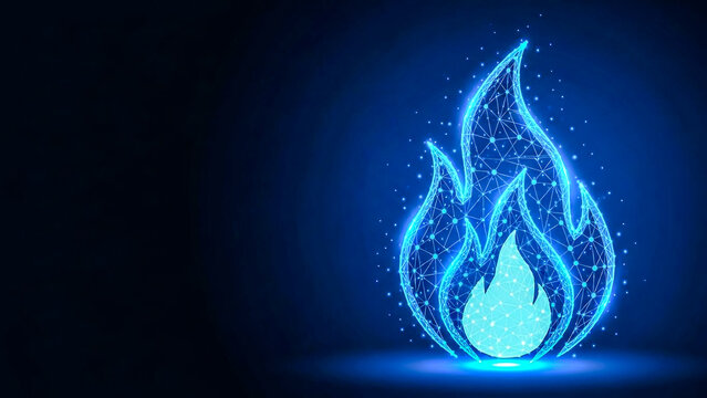 Futuristic low poly wireframe illustration of a burning flame or fire sign. Symbolizes modern power, innovation, data flow, and digital transformation.