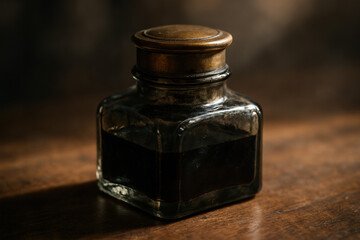 Antique inkwell with dark ink on a wooden surface, vintage writing concept