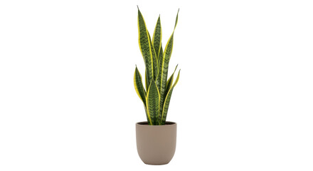 Isolated snake plant in tan pot, indoor plant for home office, popular houseplant, evergreen