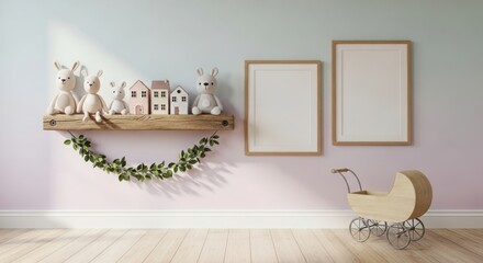 Nursery decor inspiration featuring wreath frames and vintage baby carriage on pastel wall