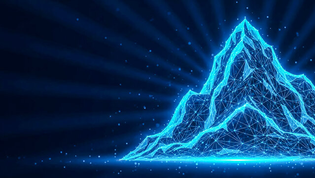 An abstract 3D render of a mountain formed by glowing blue lines and dots, representing digital data, network connections, and technological advancement in a futuristic digital landscape. - Powered by Adobe