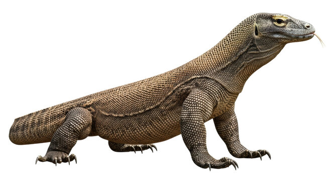 Isolated Komodo dragon posing curiously looking to the right with tongue out, detailed