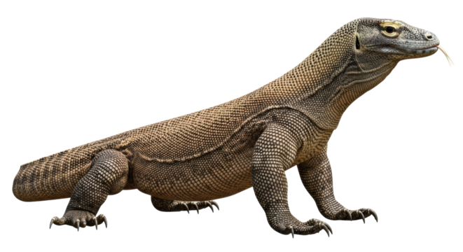 Isolated Komodo dragon posing curiously looking to the right with tongue out, detailed