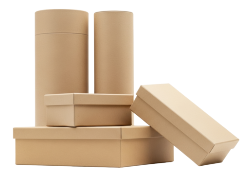 Isolated collection of cardboard boxes and tubes for storage and packaging, neutral color