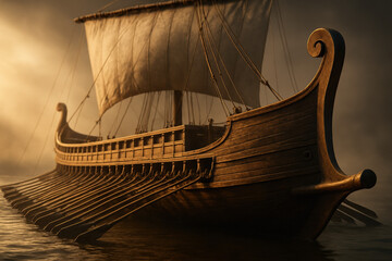 Ancient Greek Trireme Sailing on Calm Waters, Dramatic Lighting