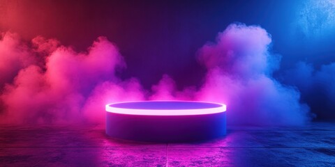Cylinder flying podium futuristic arena digital art neon glow aerial view abstract geometry