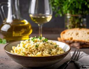 Bowl of rice with herbs sits next to bread, wine, olive oil & parsley on brown background