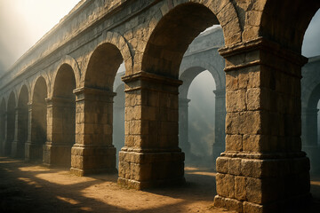 Ancient stone arches in a row, bathed in sunlight and atmospheric mist