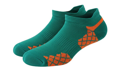 Isolated pair of short athletic sports socks. Vibrant colors of teal and bright orange