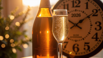 Sparkling drink in glass beside bottle, with clock showing time, creates festive atmosphere. warm light enhances celebratory mood
