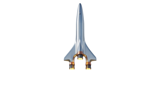 Isolated futuristic rocket ship, a sci-fi jet with three engines, aerospace transport