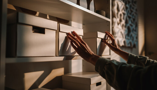 Efficient Hands Placing White Storage Boxes on Modern Minimalist Shelf Organization