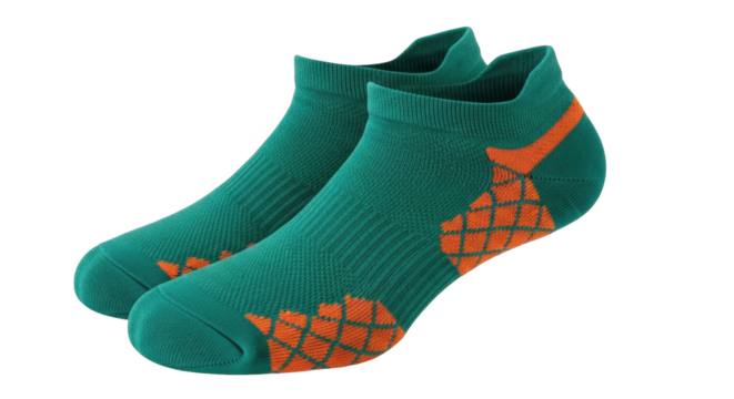 Isolated pair of short athletic sports socks. Vibrant colors of teal and bright orange - Powered by Adobe