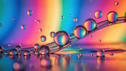 Obraz premium Vibrant water droplets reflect colorful light, creating mesmerizing visual effect. interplay of colors and shapes evokes sense of wonder
