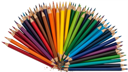 A fan of many colored pencils arranged in a semi circle with tips pointing outwards on a black background