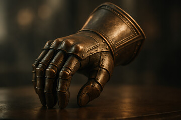 Detailed bronze gauntlet on a wooden surface, perfect for historical themes