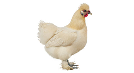 Isolated Silkie chicken with puffy feathers, a breed known for its fluffy plumage and calm nature