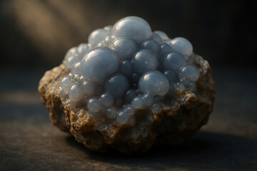 Close-up of a beautiful botryoidal chalcedony gemstone with a dark background