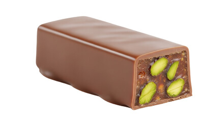Isolated chocolate candy bar with pistachios for confectionery and treats, gourmet dessert