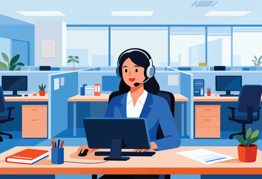A customer service rep in a blue suit and headset uses a computer at their desk in an office