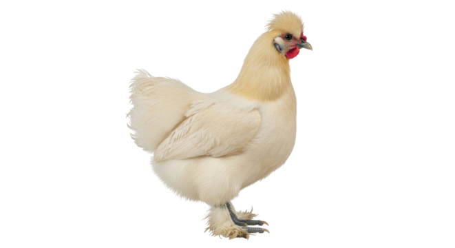 Isolated Silkie chicken with puffy feathers, a breed known for its fluffy plumage and calm nature