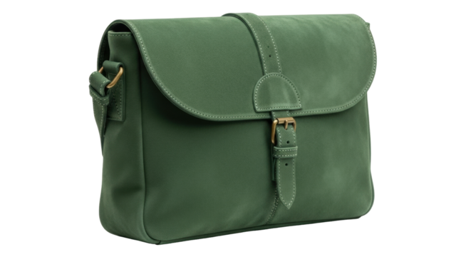 Isolated green leather satchel for business with strap and buckle on a blank background