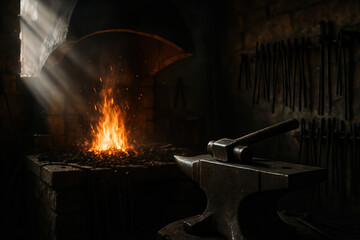 Dramatic view of a blacksmith's forge with fire, anvil, and tools