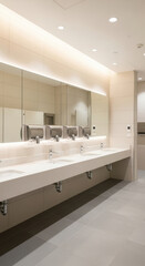 Modern public restroom with sinks mirrors and bright overhead lighting interior design
