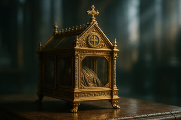 Ornate golden reliquary with cross detail, antique religious artifact