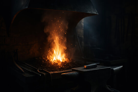 Blacksmith's forge with glowing fire and anvil in a dimly lit workshop