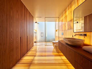 Fototapeta premium A luxurious modern bathroom featuring a sleek smart toilet with advanced bidet functions, marble flooring, elegant lighting, and spa-inspired ambiance designed for ultimate comfort, style.