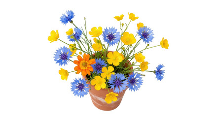 Isolated vibrant wildflower bouquet in a clay pot, with cornflowers, buttercups, and daisy