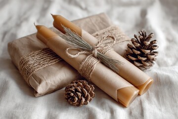 Handmade beeswax candles wrapped in kraft paper with twine and pine cones, showcasing natural textures and warm tones, perfect for cozy home decor and gifting ideas