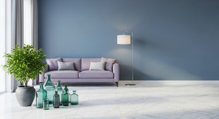 Serene living room ambiance with plush sofa and vibrant green accents