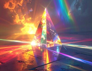 A vibrant pyramid refracts light across a textured surface under a dynamic sky, radiating colorful beams