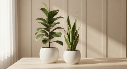Two potted houseplants sit on a table near a light source casting shadows
