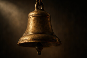 Close-up of a bronze bell hanging from a chain against a dark background