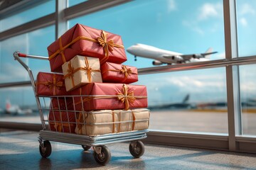 A luggage cart heavily loaded with red and beige gift boxes tied with gold ribbons, positioned indoors by a large airport window as a white airplane takes off. Christmas travel concept