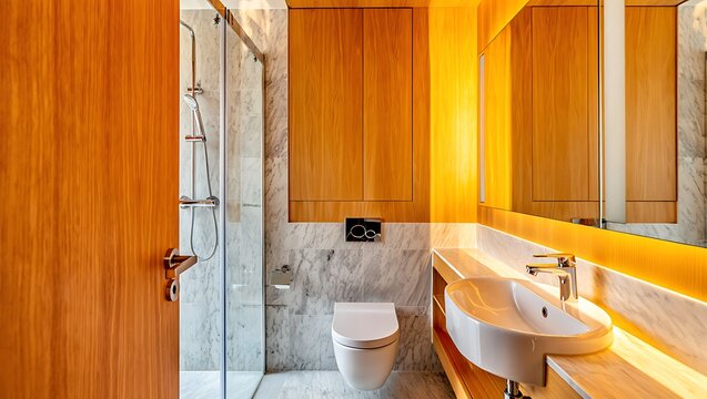 A luxurious modern bathroom featuring a sleek smart toilet with advanced bidet functions, marble flooring, elegant lighting, and spa-inspired ambiance designed for ultimate comfort, style.
