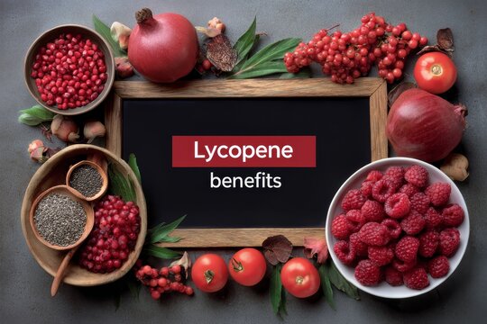 Infographic poster design showcasing lycopene benefits with vibrant fruits and seeds arranged around a central chalkboard, emphasizing health and nutrition concepts