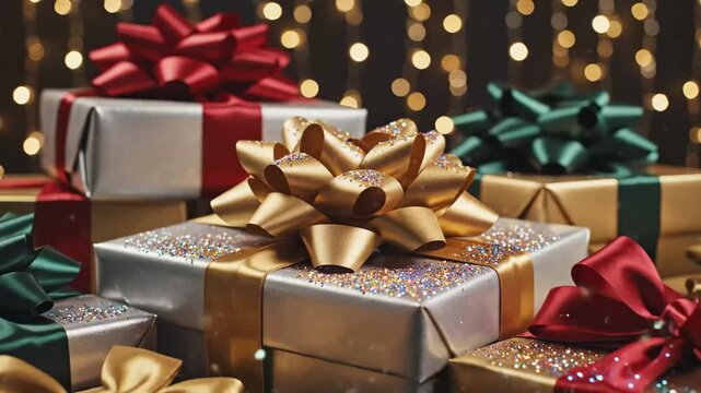 Festive Silver and Gold Gift Boxes - A pile of assorted silver and gold wrapped gift boxes are adorned with festive ribbons and bows in colors of red, green, and gold.