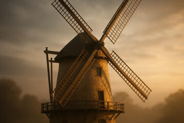 Old windmill in a rural landscape at sunset, with golden light and a cloudy sky