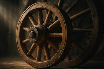 Close-up of antique wooden wagon wheels, showcasing craftsmanship and history