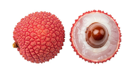 Isolated lychee fruit with shell on and sliced to expose seed, against a neutral backdrop