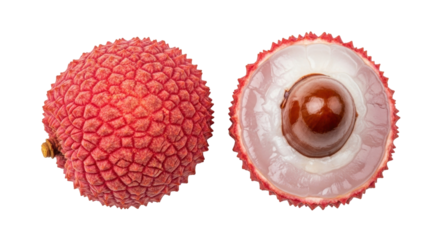 Isolated lychee fruit with shell on and sliced to expose seed, against a neutral backdrop