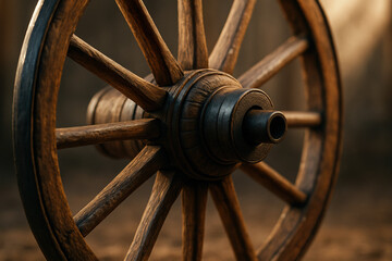 Close-up of a weathered wooden wagon wheel, showcasing craftsmanship and history