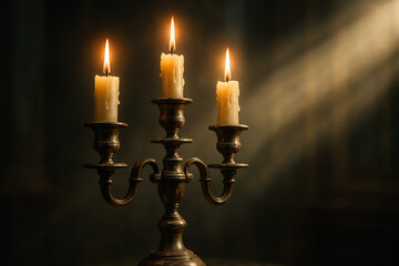 Lit candles in a vintage candelabra with soft light and a dark background