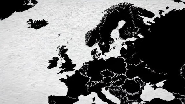 Minimalist Black and White World Map Illustration - A stark, abstract illustration of a world map, video in high-contrast black and white. The video features a view over Europe and surrounding areas.